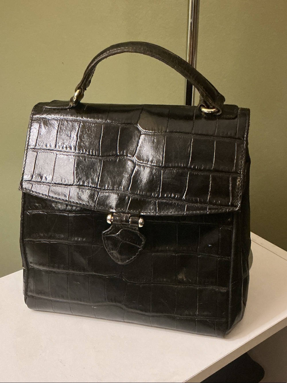 Furla Vintage Black Croc-Embossed Leather Top Handle Satchel Shoulder Bag